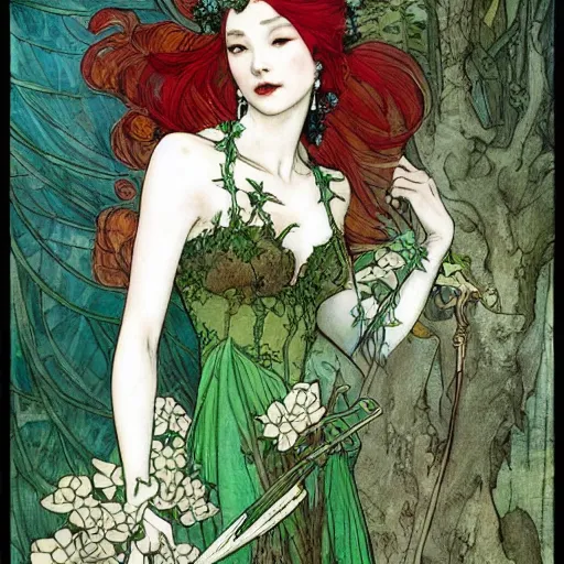 Image similar to a beautiful painting of poison ivy as a medieval chinese princess, dark eyeliner, intricate, elegant, highly detailed, digital painting, artstation, concept art, matte, sharp focus, illustration, art by rebecca guay and by arthur rackham and by alphonse mucha and by john william waterhouse