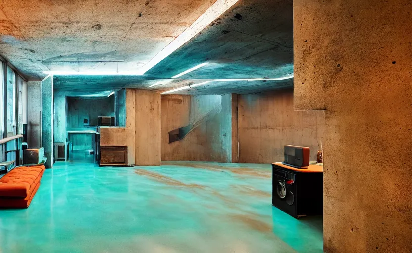 Image similar to Interior shot of a futuristic brutalist studio apartment with computers made out of concrete and with glossy concrete floor and neon lights by Petros Afshar and Beeple, James Gilleard, Mark Ryden, Wolfgang Lettl highly detailed