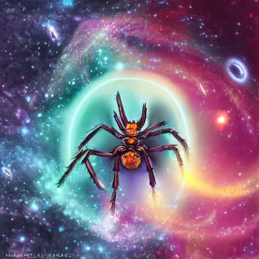 Image similar to a spider spinning galaxies, fantasy art