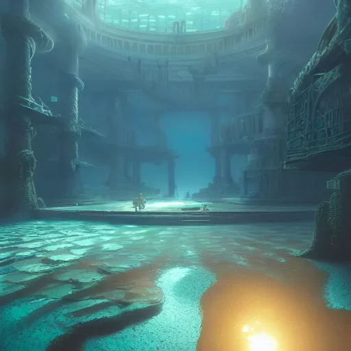 Prompt: the underwater lost city of atlantis, huge octopus nearby, volumetric light, detailed, unreal engine, by greg rutkowski
