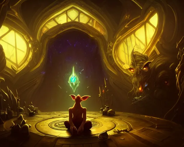 Image similar to a 4 k cinematic screenshot still portrait of a goblin in a dark liminal space room surrounded by gold, deep focus, d & d, fantasy, intricate, elegant, highly detailed, digital painting, art station, concept art, matte, sharp focus, illustration, dark fantasy style art, hearthstone, art by artgerm and greg rutkowski and alphonse mucha