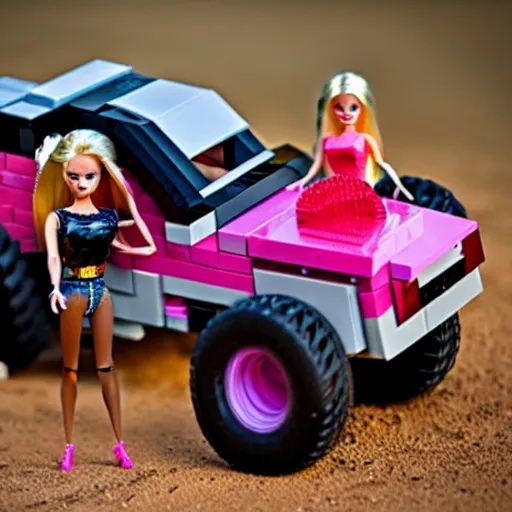 Image similar to barbie lego, madmax style