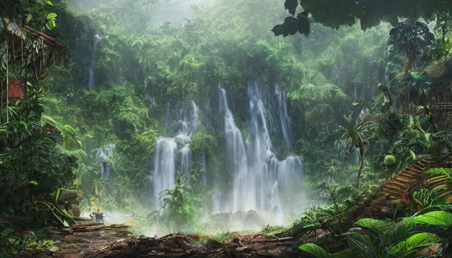 Prompt: abandoned zoo covered by vegeration in the heart of the jungle, sunny morning, mountains and waterfalls, light fog, hyperdetailed, artstation, cgsociety, 8 k