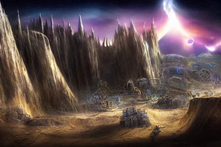 Prompt: favela spaceship cathedral tornado, underwater desert environment, industrial factory, cliffs, peaks, bright, milky way, award winning art, epic dreamlike fantasy landscape, ultra realistic,