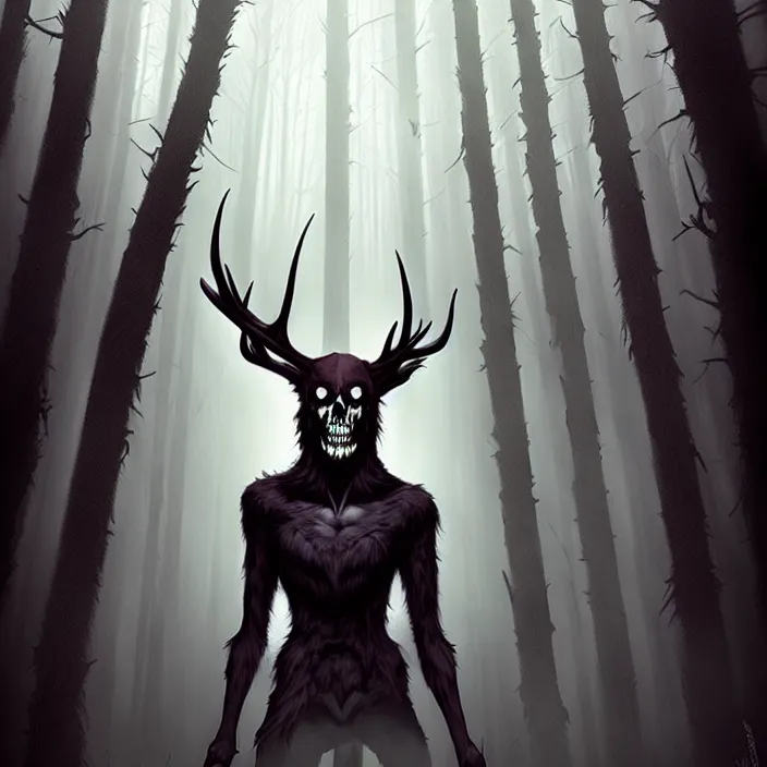 Prompt: style artgerm, joshua middleton, tim jacobus, scary wendigo with antlers and skull face mixed with werewolf, in the forest, detailed, dark and foggy, cinematic lighting