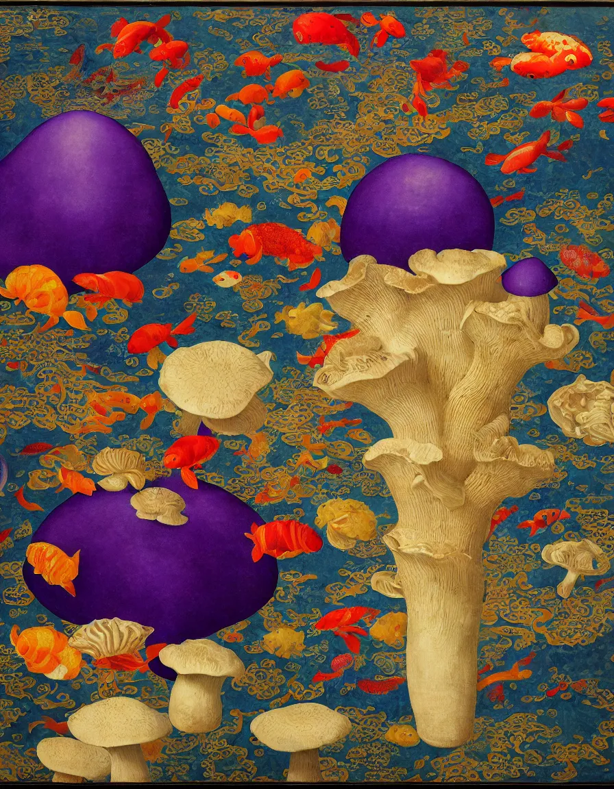 Image similar to vase of mushroom in the sky and under the sea decorated with a dense field of stylized scrolls that have opaque purple outlines, with colorful shells and koi fishes, ambrosius benson, oil on canvas, hyperrealism, light color, no hard shadow, around the edges there are no objects