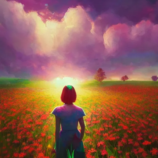 Image similar to girl with a flower face, surreal photography, dream, standing in flower field, magical, in a valley, sunrise dramatic light, impressionist painting, colorful clouds, artstation, simon stalenhag