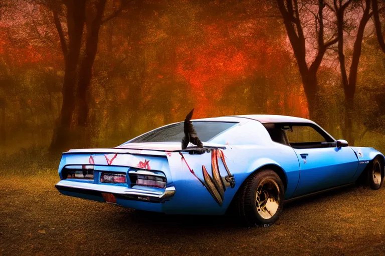 Prompt: pontiac firebird with grafitti paintjob and angelic wings attached to sides of the roof, dramatic, cinematic, forest, volumetric lighting