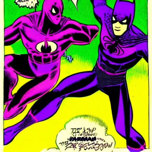 Image similar to a purple spiderman and purple batman by jack kirby