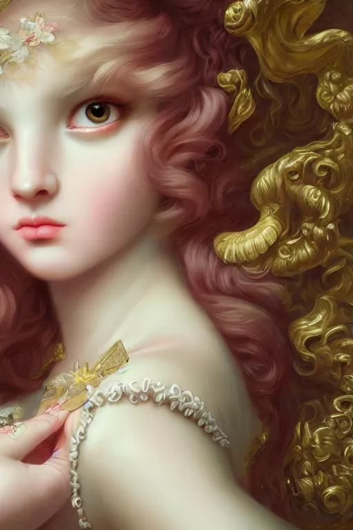 Image similar to pop surrealism, rococo, baroque hair, angelic young female seductive - fine - face, pretty face, key visual, realistic shaded perfect face, fine details by stanley artgerm lau, wlop, mark ryden, andrei riabovitchev, marc simonetti, and sakimichan, trending on artstation