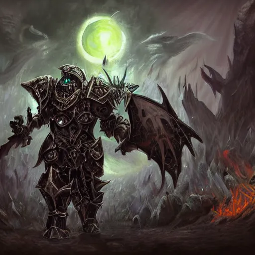 Image similar to unholy deathknight from world of warcraft in heavy armor, artstation hall of fame gallery, editors choice, #1 digital painting of all time, most beautiful image ever created, emotionally evocative, greatest art ever made, lifetime achievement magnum opus masterpiece, the most amazing breathtaking image with the deepest message ever painted, a thing of beauty beyond imagination or words