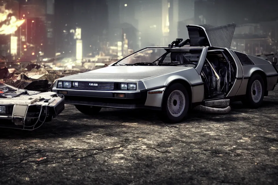 Image similar to ultra realistic delorean dmc 5 drifting on broken highway wreckage floating in space, dark cinematic, volumetric, realistic, 3 d render, realistic render, cinematic lighting, volumetric lighting, atmospheric, cinematic, unreal engine 5, unreal engine render, octane render, hd, photorealism, hyper realistic, 8 k