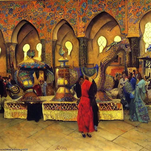 Image similar to dragons on display in a dragon auction in the grand bazaar of isfahan by edwin lord weeks