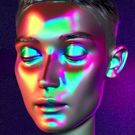 Image similar to 3d render of holographic human robotic head made of glossy iridescent, surrealistic 3d illustration of a human face non-binary, non binary model, 3d model human, cryengine, made of holographic texture, holographic material, holographic rainbow, concept of cyborg and artificial intelligence