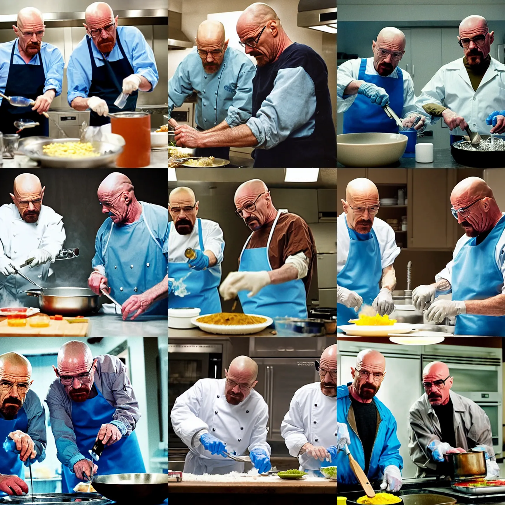 Prompt: walter white and lalo salamanca cooking blue meth together, still from breaking bad