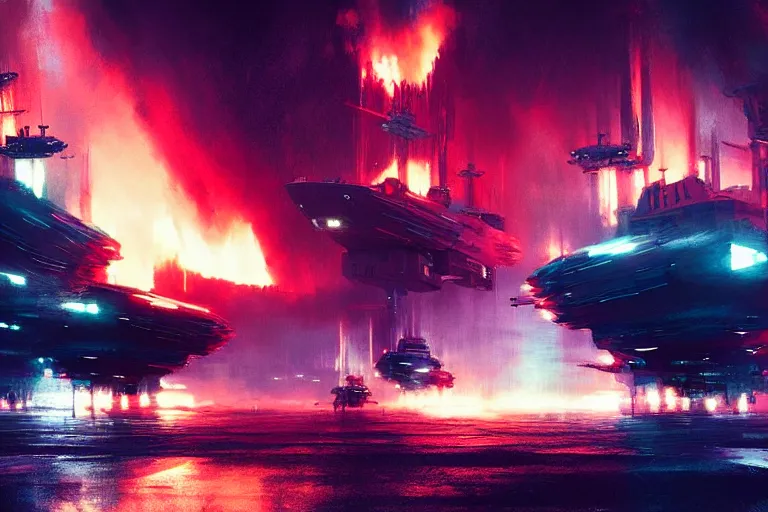 Prompt: concept art of attack ships on fire. by john harris and liam wong, matte, masterpiece, atmospheric, wide angle shot