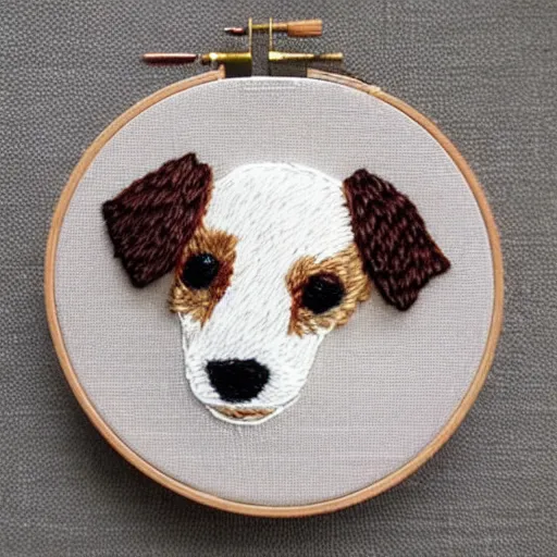 Image similar to a tiny beautiful handmade embroidery of a cute long haired wire haired jack russell terrier puppy, white with brown spots and patches over both eyes. hand embroidery.
