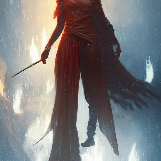 Prompt: fantasy art of a power female fire mage in the style of greg rutkowski, detailed, cinematic, movie poster