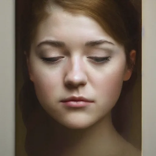 Image similar to a masterpiece portrait photo of a blindfold beautiful young woman who looks like elizabeth winstead, symmetrical face, painting