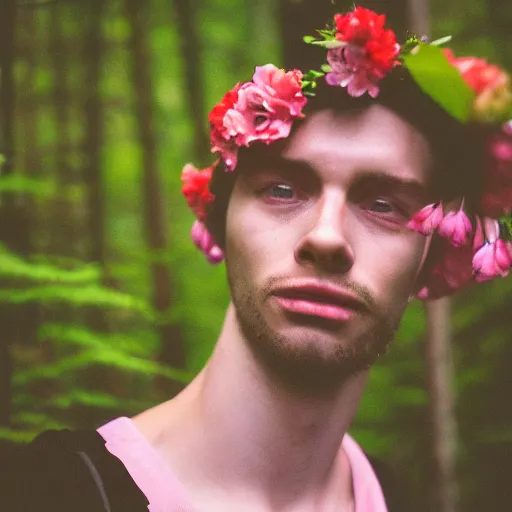 Image similar to close up kodak portra 4 0 0 photograph of a skinny guy standing in a dark forest, flower crown, flower covering mouth, moody lighting, telephoto, 9 0 s vibe, blurry background, vaporwave colors, faded!,