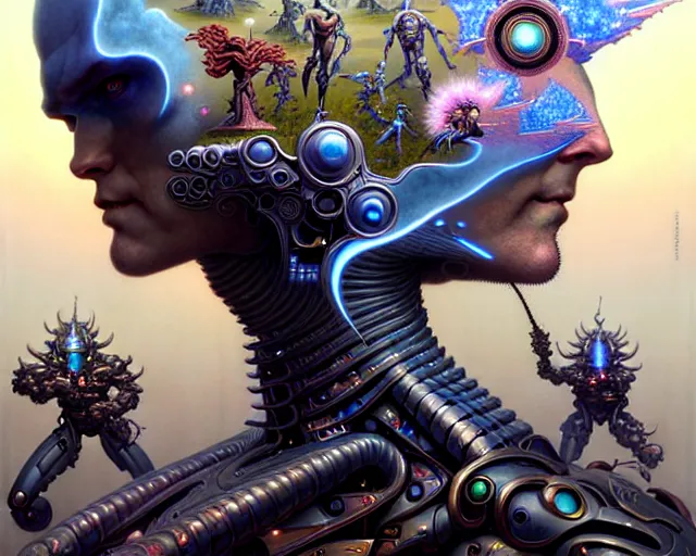 Image similar to the battle of humans against androids, fantasy character portrait made of fractals facing each other, ultra realistic, wide angle, intricate details, the fifth element artifacts, highly detailed by peter mohrbacher, hajime sorayama, wayne barlowe, boris vallejo, aaron horkey, gaston bussiere, craig mullins