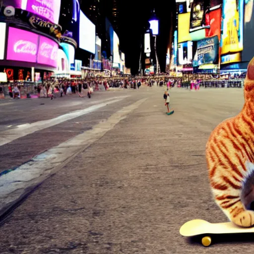 Image similar to A cat riding a skateboard in Times Square, New York City, 4k wallpaper, digital art, trending on artstation