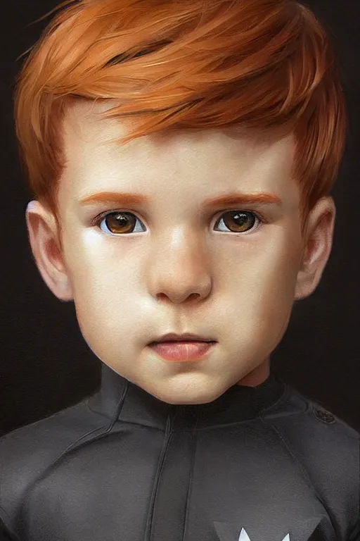 Image similar to a little boy with a michievous face and ginger hair. he is dressed as a superhero. clean elegant painting, beautiful detailed face. by artgerm and greg rutkowski