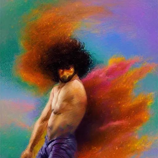 Image similar to egyptian man with curly hair skydiving, centered in frame, pastel colors, dreamy colors, digital painting, oil painting, sharp detail, impressionist painting, vintage, intricate details, dreamy