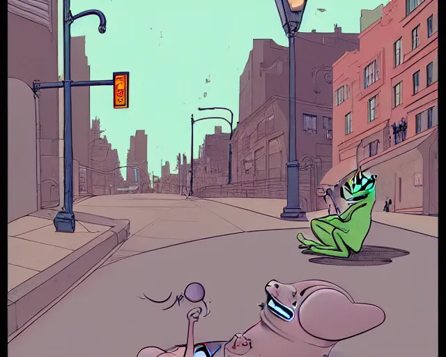 Prompt: a study of cell shaded cartoon of an obese kermit smoking a cigarette on a city street, street lamps, road, illustration, wide shot, subtle colors, post grunge, concept art by josan gonzales and wlop, by james jean, Victo ngai, David Rubín, Mike Mignola, Laurie Greasley, highly detailed, sharp focus, Trending on Artstation, HQ, deviantart, art by artgem