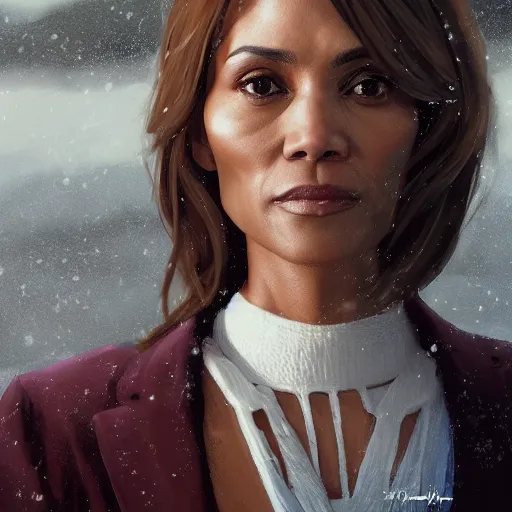 Image similar to landscape of a political meeting of maci holloway first woman elected as president in usa, cold but beautiful, about 3 5 years old, highly detailed, mix of halle berry and julia roberts, gong li, olga kurylenko, artstation hd, deviantart, by artgem, greg rutkowski