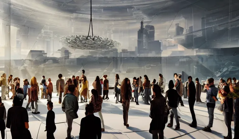 Image similar to crowd of people in simple white museum, looking at hologram of futuristic city on a circular table, cinematic concept art, godrays, golden hour, natural sunlight, 4 k, clear details, tabletop model buildings, center model buildings, hologram center, crane shot, crane shot, crane shot, white walls