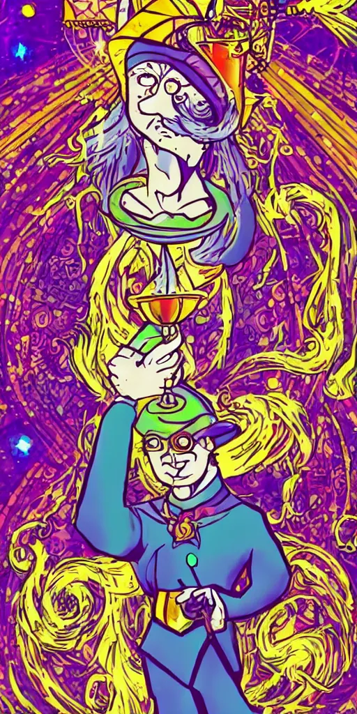 Prompt: a mystical man with a goblet on the table, wizard hat, psychedelic, Sailor Moon style,