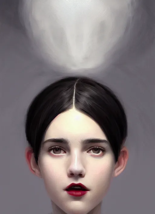 Image similar to portrait of white teenage girl, narrow face, short black hair and eyebrows, bangs, half updo hairstyle, buck teeth, unattractive, defined jawline, long chin, smile, hair bow, intricate, elegant, glowing lights, highly detailed, digital painting, artstation, sharp focus, illustration, art by wlop, mars ravelo and greg rutkowski