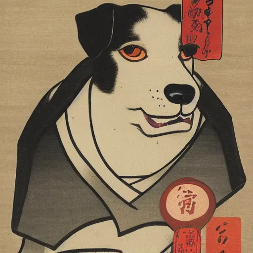Image similar to a painting of a dog wearing a costume, a portrait by Koson Ohara, featured on pixiv, ukiyo-e, ukiyo-e, woodcut, chiaroscuro