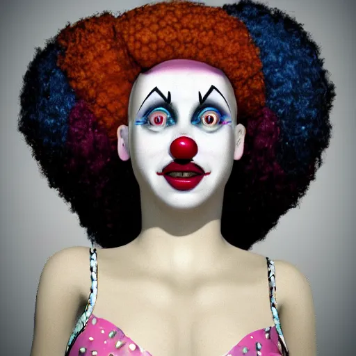 Image similar to female clown girl clowngirl. in the style of. highly realistic