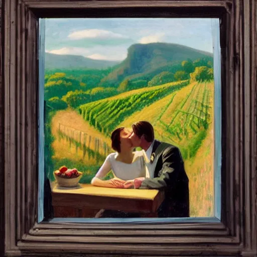 Prompt: a couple kissing, behind them is a window that shows a hilly landscape with vineyards, morning light, dreamy, hopper