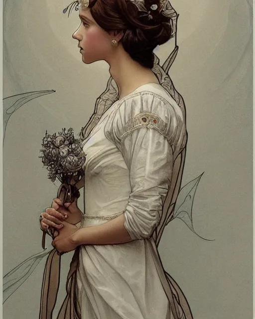 Image similar to an art nouveau painting of a girl resembling alicia vikander or millie bobby brown in a wedding dress, highly detailed, intricate, artstation, by alphonse mucha