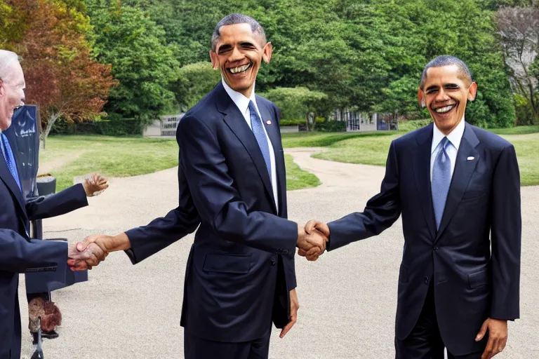 Image similar to mrbean shaking hands with obama, 4k