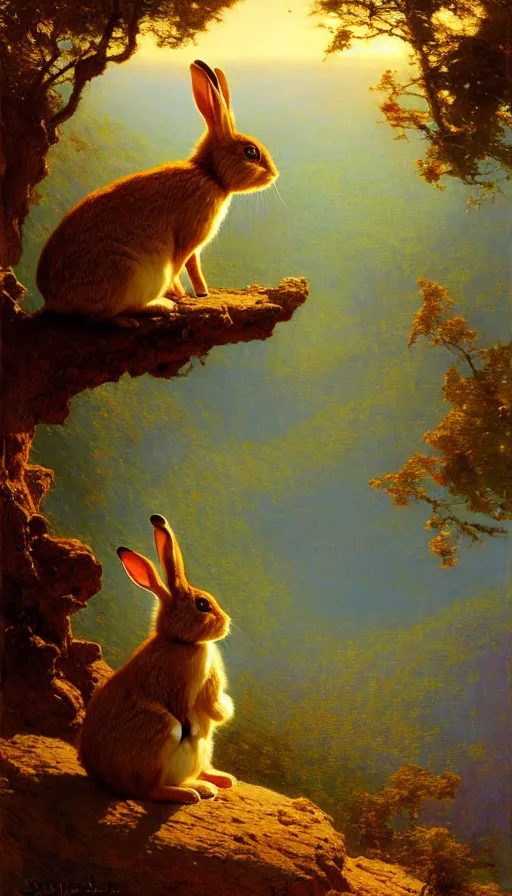 Image similar to hyper realistic rabbit looking off of a cliff, sun setting behind rabbit, lush forest in valley below, painted by gaston bussiere, craig mullins, j. c. leyendecker 8 k