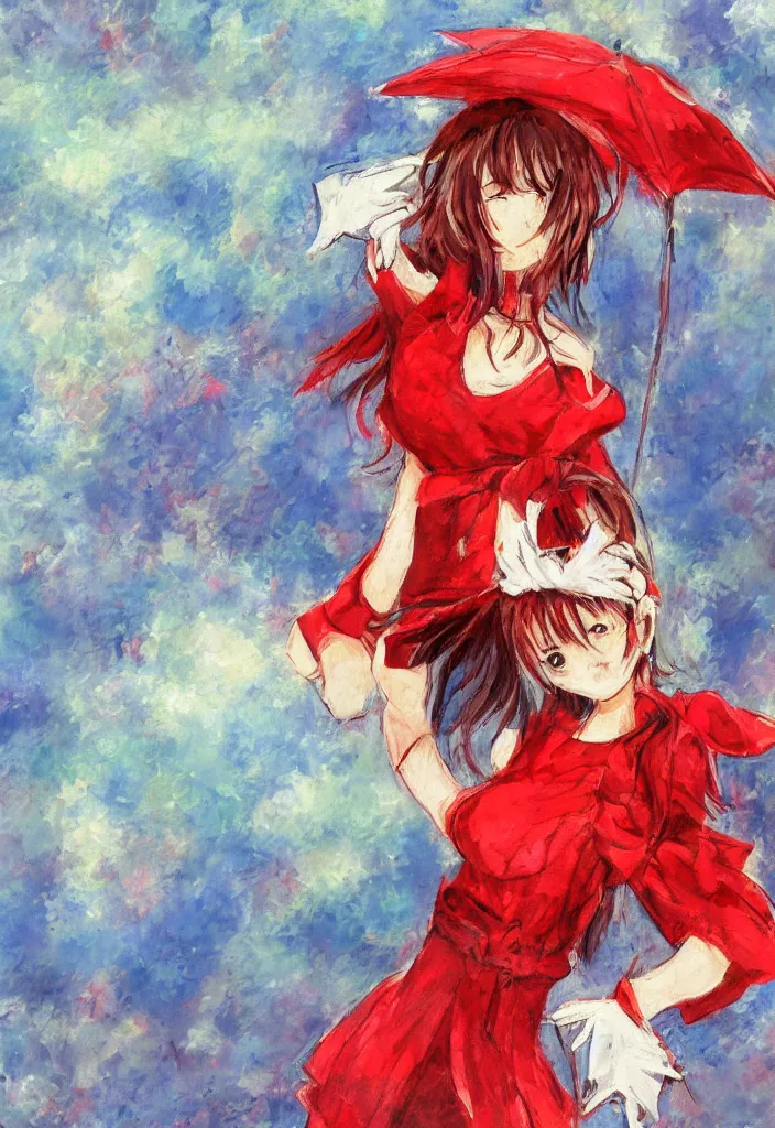 Image similar to medium shot portrait, a cute red outfit, tokyo anime scener, very anime in impressionist style, anime trending artwork, anime painter studio, by claude monet