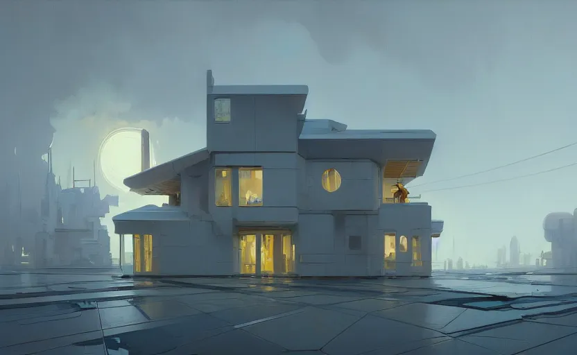 Image similar to painting of a wide angle exterior shot of a white modern architecture with cinematic lighting by richard rogers, darek zabrocki and greg ruthkowski, alphonse mucha, simon stalenhag and cinematic and blue cold atmospheric, archillect concept art, artstation, trending on artstation