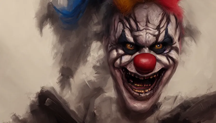 Prompt: portrait of a demonic clown, cinematic shot, aaa game concept art oil painting by jama jurabaev, extremely detailed, brush hard, artstation, high quality, brush stroke