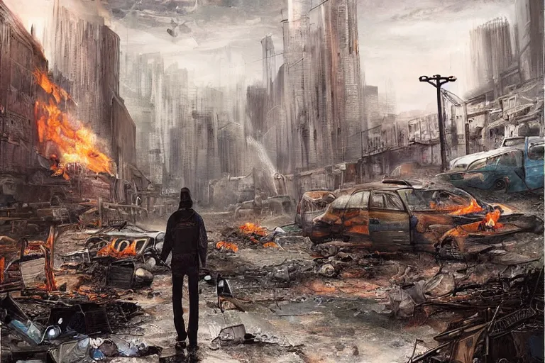 Image similar to the answer to the life!dream a lone wanderer in a dystopian city with lots of debris, cars, and fires, extremely detailed painting