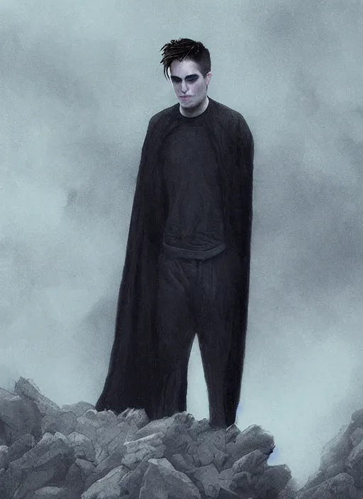 Prompt: well - shaven robert pattinson, black outfit, cape, in the style of tom bagshaw, sandman, misty endless dream cinematic background, netflix sandman