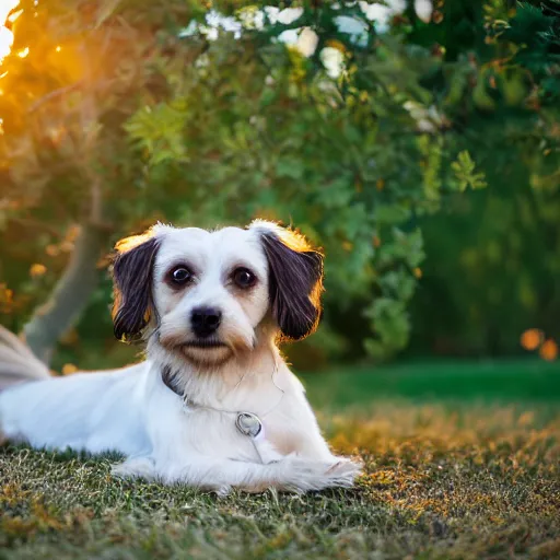 Image similar to a cute mutt who is half long haired dachshund and half shih tzu, laying under a tree on a farm, golden hour, promised land