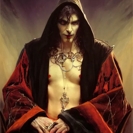 Image similar to perfectly centered portrait of attractive vampire king in a robe sitting on a throne of bones, highly detailed painting by gaston bussiere, craig mullins, j. c. leyendecker, 8 k