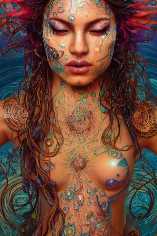 Prompt: a centered full body render of an alluring festival hippy with tribal tattoos surrounded by a underwater ink pour and flowing liquid gallium and sacred geometry, perfect body and face, gorgeous, cinematic, beautifully lit, by artgerm, by karol bak, by donato giancola, 3 d, trending on artstation, octane render, 8 k