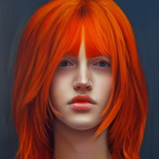 Image similar to a symmetrical portrait of a beautiful orange - haired woman, face and shoulders, oil painting, intricate, aesthetic!!!!!, god rays, dramatic, ultra detailed