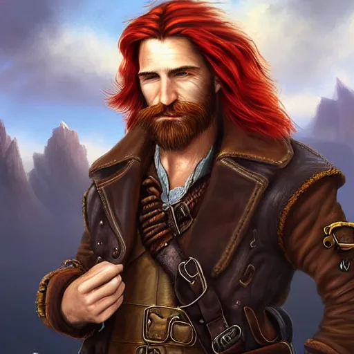 Image similar to portrait of a ruggedly handsome!!!!! male captain with long red hair!!!!!!, upper body, wavey hair, leather coat, friendly, Steampunk airship!!!!!!!, D&D, hairworks, Unreal 4, fantasy, simple clothing!!!!, elegant, highly detailed, digital painting, hairworks, deviantart, artstation, concept art, sharp focus, dramatic lighting, illustration, art by Artgerm and Greg Rutkowski and Alphonse Mucha