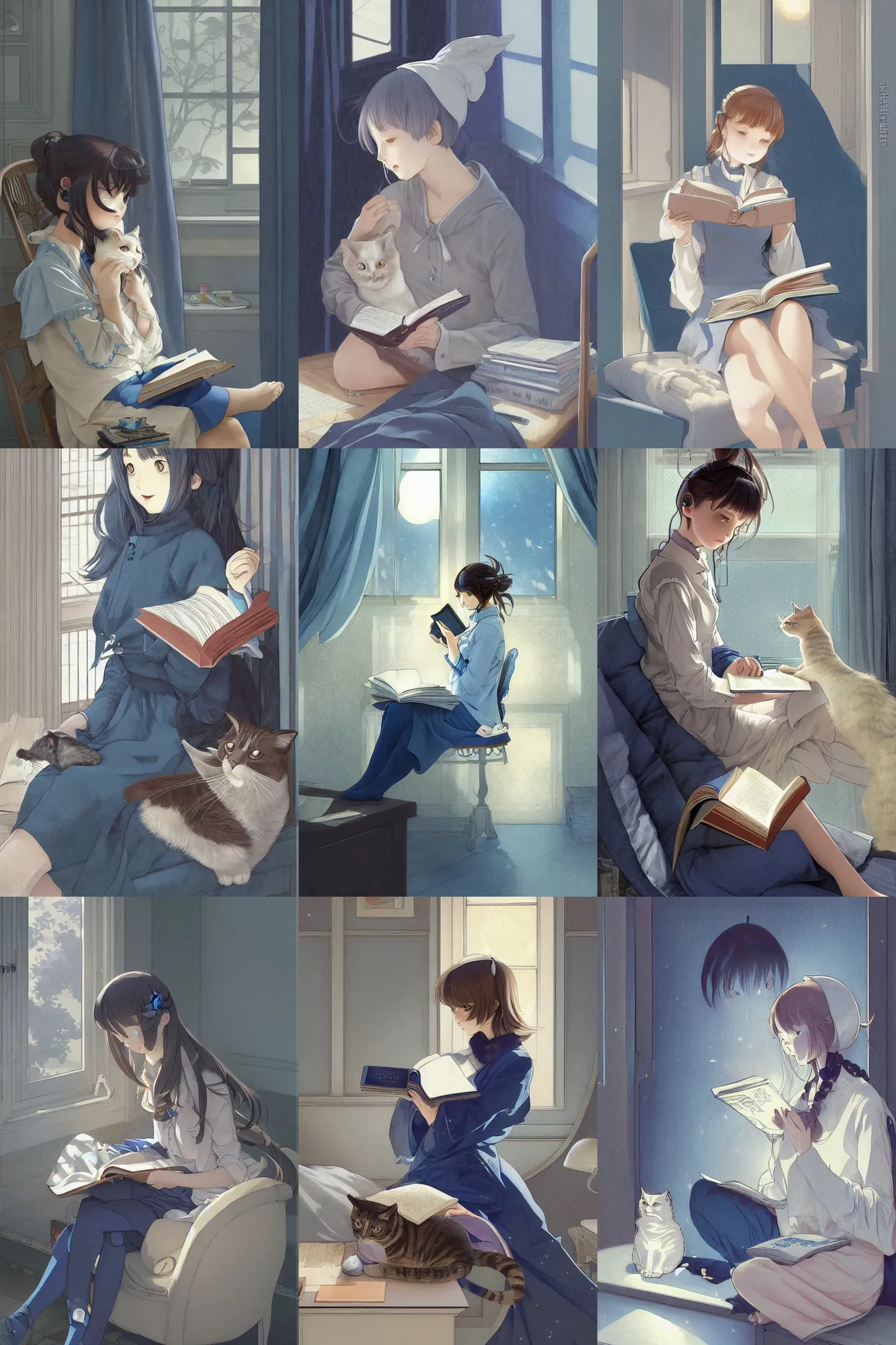 Image similar to a digital painting of a girl reading a book with a cat in A comfortable study room at night,blue and grey theme,JK uniform ,Hairdryer,blue theme,S line, by krenz cushart and mucha and range murata and greg rutkowski